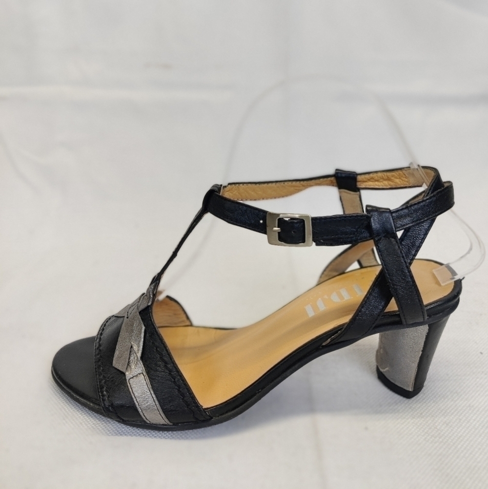 FIDJI T Strap High Heel Sandals Black & Silver Leather Sz 37